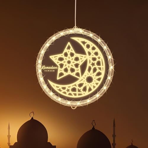 ALIBBON 3D Ramadan Kareem Lights Moon Star LED Lights Eid Mubarak Window Lights Islamic Muslim Style Hanging Lights with Suction Cup Battery Operated Eid Lights Ramadan Decorations for Home - color: Style1
