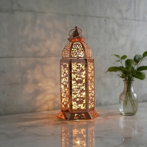 Moroccan Style Temple Hollow Iron Lantern, Vintage Ramadan Lamp Home Decoration Lights Ornaments,Hanging Metal Candle Holders Battery Operated for Table Indoor Decor（ Rose Gold） (M-10.8 Inch) - size: M-10.8 Inch