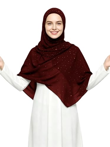 Lina & Lily Sparkle Shimmer Gold Glitter Women's Chiffon Hijab Head Scarf Shawl Wrap Lightweight - color: Dark Maroon