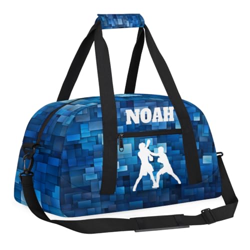 Custom Sports Bag for Boys, White Boxing Silhouette Blue Geometric | Personalized Named Practice Travel Overnight Training Bag - color: Color 32