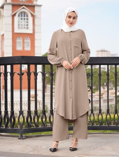 Women's Muslim 2 Pieces Sets Long Sleeve Button Down Shirt and Pants Abaya Casual Dress Dubai Outfits - color: Khaki, size: 5X-Large