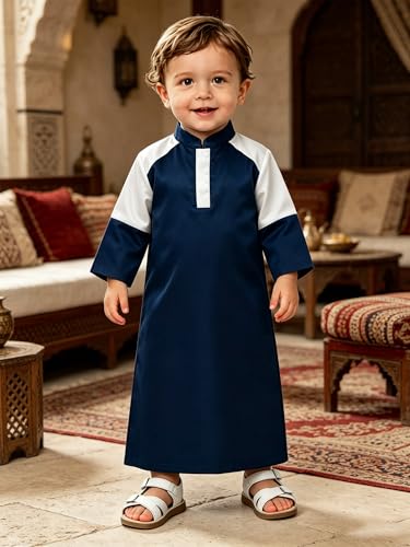 FEESHOW Little Boys Arabic Muslim Thobe Toddler Baby Kaftan Robe Islamic Traditional Festival Party Wear - color: Navy Blue, size: 3-6 Months