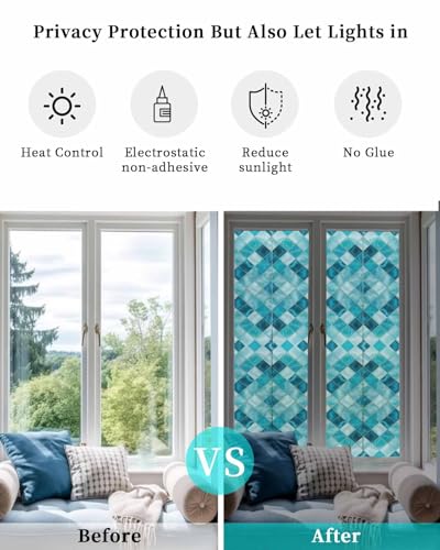Window Privacy Film Teal Blue Diamond Window Clings for Glass Windows Modern Geometric Lines Windows Film Static Cling Frosted Windows Sticker Covering for Bathroom Living Room Office 17.7"x78.7" - size: 17.7"x78.7"