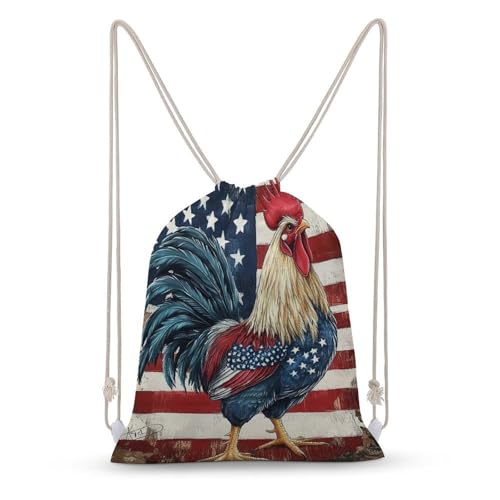 Rooster And American Flag Drawstring Backpack Canvas String Bag Lightweight Sports Gym Bag for Men Women - color: Color-2