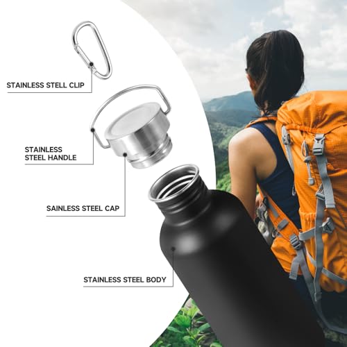 Volhoply 32oz Uninsulated Single Walled Water Bottle, Stainless Steel Sports Water Bottles with Handle, BPA Free Lightweight Water Bottles for Hiking, Biking, Running（Black,1） - color: Black