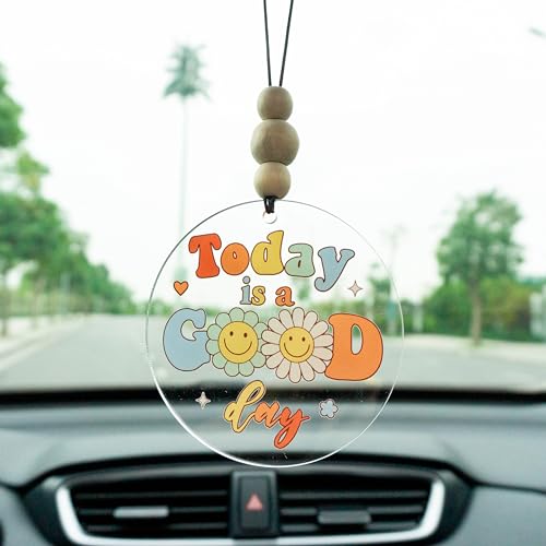 Talataca Today is A Good Day 2D Flat Car Ornament & Wood Beads, Inspirational Quote Beaded Rear View Mirror Accessories, Retro Rearview Hanging Charm, Christmas Tree Decor - color: 33