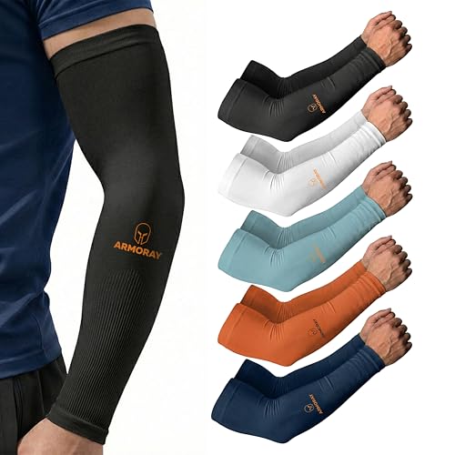 ARMORAY Arm Sleeves for Men and Women - UV Sun Protection Cooling Compression - Tattoo Cover Up Sleeve for Daily Wear & Work - color: Black + White + Blue + Orange+ Navy (5 Pairs)