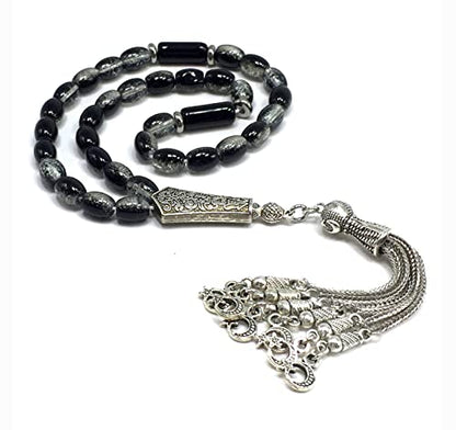 Transparent Crackle Black Glass Worry Beads, Prayer Beads, Tesbih, Tasbih, Tasbeeh, Rosary, Misbaha, Masbaha, Subha, Sebha (8x6mm-33 Beads) - color: Transparent Crackle Black Glass -8x6mm-33 Beads