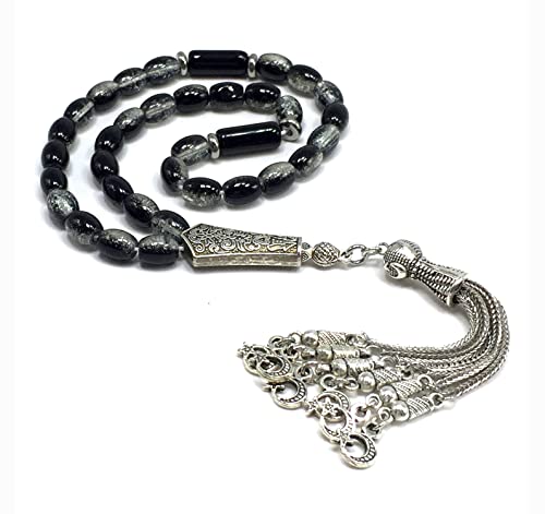 Transparent Crackle Black Glass Worry Beads, Prayer Beads, Tesbih, Tasbih, Tasbeeh, Rosary, Misbaha, Masbaha, Subha, Sebha (8x6mm-33 Beads) - color: Transparent Crackle Black Glass -8x6mm-33 Beads