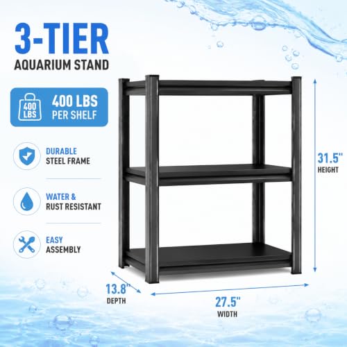 Aquarium Stand 1200 LBS Fish Tank Stand Heavy Duty Adjustable Shelf | Metal aquarium storage shelving with adjustable tiers for turtle tanks, reptile terrariums and pet supplies organization - size: 3-TIER 31.5"H×27.5"W×13.8"D