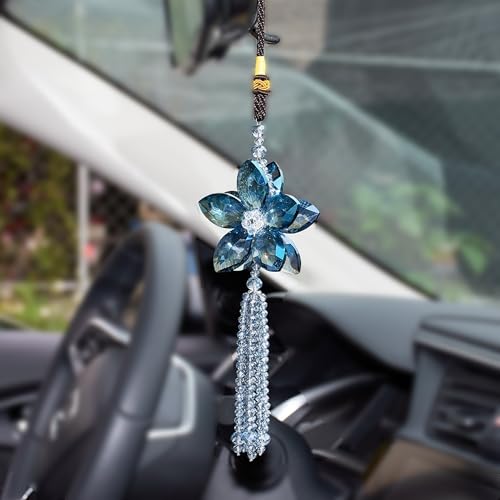 Crystal Flower Rear View Mirror Pendant Car Hanging Ornament Lucky Charm with Dangle Beads, Blue - color: Blue-with Dangle Beads
