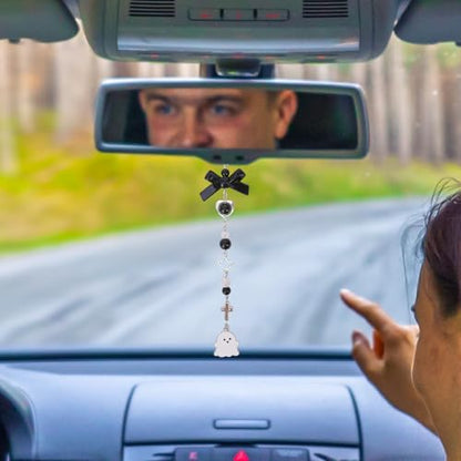 Halloween Car Rearview Mirror Charm - Y2K Gothic Cute Ghost Pendant Beaded Hanging Charms, Coquettte Black Bowknot Cars Decor, Interior Ornament Gift for Women Men Driver - style: Ghost