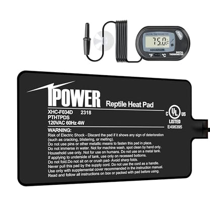 iPower 4 by 7-Inch 4W Reptile Heat Mat, LCD Digital Aquarium Thermometer, Under Tank Warmer Terrarium Heat Pad for Turtles Lizards Frogs and Other Small Animals, Multi Sizes - size: 4" x 7", style: Heat Pad + Thermometer