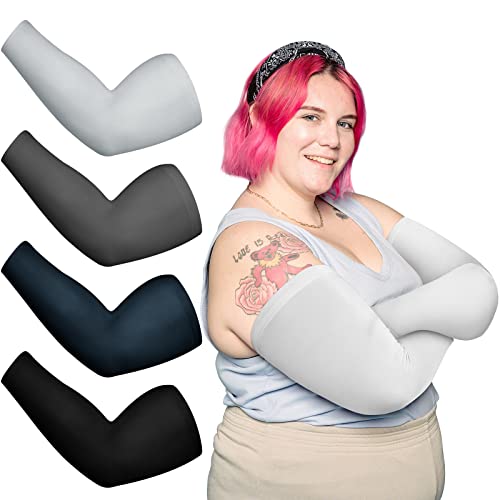 Chuarry 4 Pairs Plus Size Cooling Arm Sleeves for Women Men UV Sun Protection Oversized Flabby Arm Wraps - color: Black,dark Gray,navy Blue,light Gray