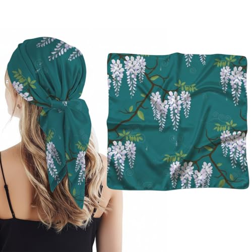 Silk Like Head Scarf for Women Satin Bandana for Hair Wrapping Handbags Fashion Accessory Square Hair Scarf 27.5" - color: 08#deep Green Wisteria Vine