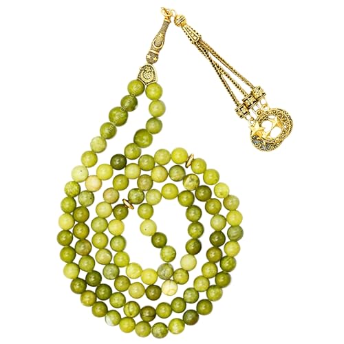 Amazing Gemstone Crystal Tasbeeh with Moon and Star Charm - Certified Crystal Muslim Prayer Beads Natural Gemstone Tasbih Gift for Ramadan Dhikr and Daily Namaz (G) - color: Green Jade