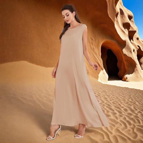 Modest Sleeveless Inner Dress for Abaya Muslim Women Maxi Long Slip Under Dress Prayer Islamic Dubai TurkeyJilbab Clothing - color: Khaki, size: XX-Large