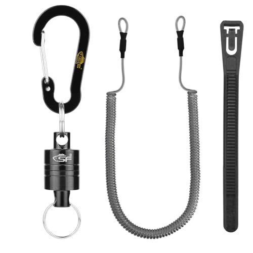 SF Strongest Magnetic Net Release Magnetic Keychain Fly Fishing Net Retractor Magnet Clip Holder Retractor with Retractable Coiled Lanyard Carabiner - color: Black Magnet+ Black Aluminum Alloy Hook