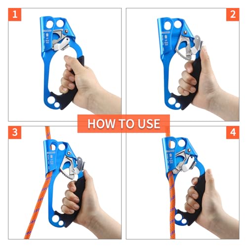 NewDoar UIAA & CE Certified Hand Ascender Rock Climbing Tree Arborist Rappelling Gear Equipment Rope Clamp for 8~13MM Rope - color: Orange-Left+Blue-Right
