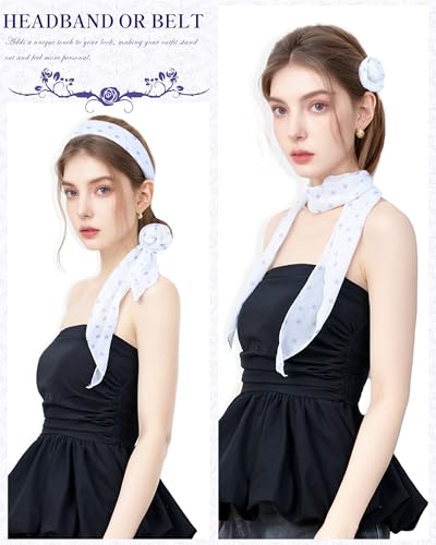 Chiffon Scarf for Women, Removable Flower Neck Scarf Light Soft Fashion Rose Scarves Versatile Headband or Hair Band - color: Lavender Dot