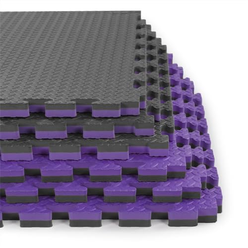 Xspec 1" Extra Thick 48 sq ft Reversible EVA Gym Foam Floor Mat Tiles (24" x 24"), Steel Pattern, 12 pcs, Black/Purple - color: Black/Purple