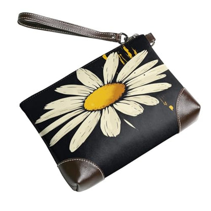 Leather Clutch Purse for Women, Large Capacity Wristlet Wallet with Removable Strap, Zip Handbag - color: Stylish Daisy
