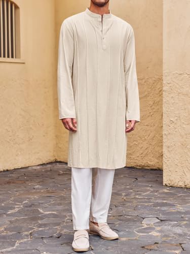 Runcati Mens Kaftan Thobe Button Down Henley Shirts Robe Long Sleeve Casual Cotton Pleated Muslim Gown Shirt - color: Beige, size: XX-Large