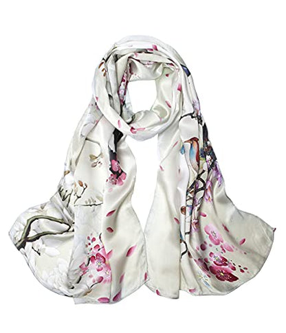 ANDANTINO 100% Silk Long Scarf-Women Large Oblong Shawls with Gift Packed - color: Beige-flower&birds