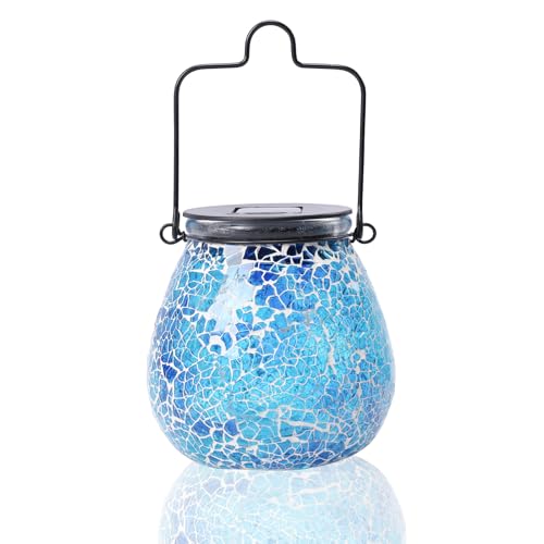 Afirst Outdoor Solar Lantern Waterproof Mosaic Glass Hanging Garden Light - color: ice-blue
