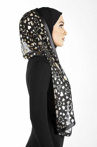 Stylish Mona Hijab Women's Black Kuwaiti with Chiffon Wrap Shawl & Satin Trim - color: Black Double Gold Hearts
