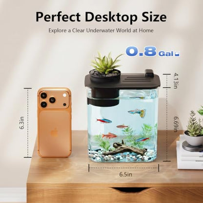 0.8 Gallon Betta Fish Tank Aquarium Starter Kit with Light and Lid(Black) | Premium Acrylic Aquarium with Light and Lid, Crystal Clear Starter Kit for Betta Fish, Shrimp, Snails and Small Fish - color: Black, size: 0.8 Gallon