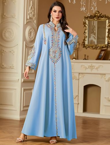 ABEWIP Muslim Dresses for Women Ramadan Kimono Long Sleeve Embroidered Islamic Prayer Dress Turkey Dubai Eid Abaya Kaftan - color: Blue, size: XX-Large
