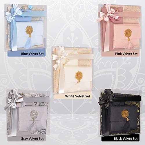 BABY SHOWER CHOCOLATE Prayer Rug Islamic Gift Set, Velvet Prayer Mat, Prayer Beads, Scarf and Yaseen Book, Perfect Family and Muslim Eid Gifts (White) - color: White