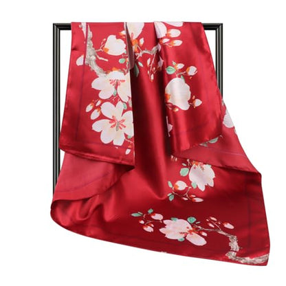 DRESHOW 35” Large Square Satin Head Scarf - 4Pcs Silk Accessories Classic Patterned Squares Beach Bandanas for Women - color: Floral Silk Scarf Set: Teal,pink,beige,burgundy