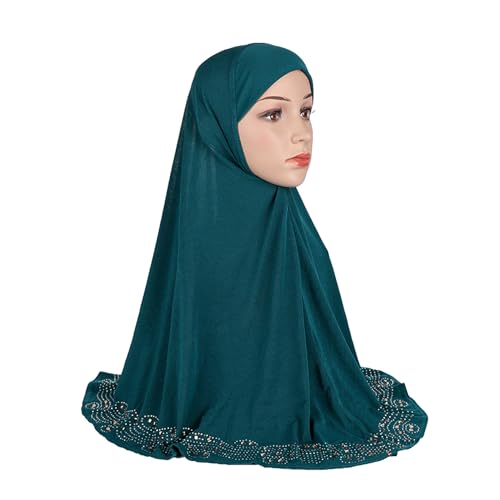 ZGMYC Women Shiny Rhinestones Muslim Hijab Elegant Long Turban Cap Head Wrap Scarf - color: Peacock Blue(golden Beads & Rhinestones)