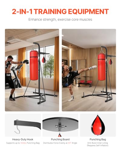 VEVOR 2 in 1 Punching Bag Stand, Steel Heavy Duty Workout Equipment, Adjustable Height Boxing Punching Bag and Speed Bag Stand, Freestanding Sandbag Rack, Holds Up to 140 lbs, for Home Gym Fitness