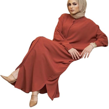 ODASDO Muslim Dresses for Women Abaya Button Down Henley Shirt Prayer Dress Batwing Long Sleeve Middle East Arabian Robe - color: Brick Red