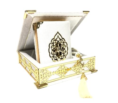 Velvet Quran Pearl Prayer Bead Set, Islamic Gifts for Eid Ramadan, Portable Box, Muslim Home Decor, Figured Gift Boxes Tasbih, Mawlid Present for Wedding, Umrah, Mosque, Praying, Special day (Ecru) - color: Ecru