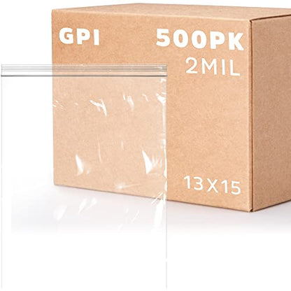 GPI - 2 Gallon Zip Bags, 13" x 15" Large Reclosable Lock Zip Bags, Clear Plastic Zipper Storage Bags with Zip Top Lock for Freezer, Clothing, Food, Documents & Supplies - 500 Count - size: 13" x 15"