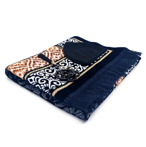 Velvet Islamic Prayer Rug Set (Thick Prayer Mat - 99 Tasbih Prayer Beads - Black Cotton Kufi Hat) Eid and Ramadan Gift for Muslims (Blue) - color: Blue