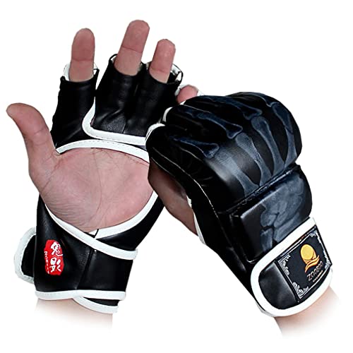 ZooBoo MMA Gloves, Half-Finger Boxing Fight Gloves MMA Mitts with Adjustable Wrist Band UFC Gloves for Sanda Sparring Punching Bag Training (One Size Fits Most) - color: G-Black+White