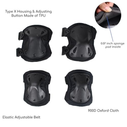 Pack of 4 Tactical Knee & Elbow Protective Pads Guard Black Knee and Elbow Pads Adjustable Shoulder Straps Gel Knee Pads for Paintball Heavy Duty Elbow and Knee Protective Pads for Outdoor Work