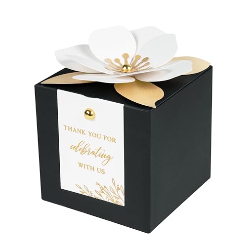 FEIYI 20 PCS Black Gift Boxes, 3 In 1 Favor Boxes with Floral Decor, White Thank You Tags Cupcake Containers Gift wrapping for Wedding, Baby Shower, Birthday, Decorations Party - 3.55x3.55x3.55 - color: Black, size: Large-(3.55")