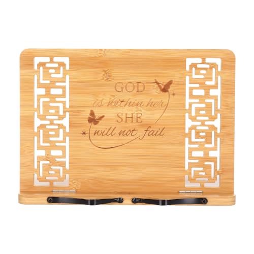 MEGREZ Book Stand for Reading (13.2 x 9.4 inch) Bamboo Cookbook Stand Holder for Kitchen, Adjustable Book Holder Stand for Tablet/Textbook Holder/Hollow Bookrest Stand, God is Within her - color: God is Within Her