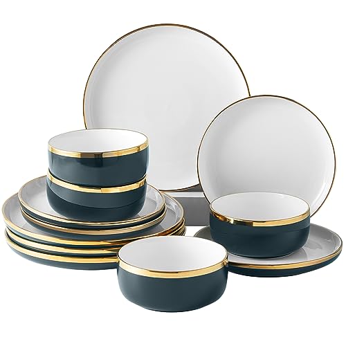 Pokini Porcelain Dinnerware Sets for 4, Luxury China Plates and Bowls Sets - color: Green