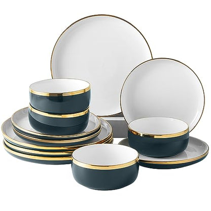 Pokini Porcelain Dinnerware Sets, 12 Piece Luxury China Plates and Bowls Sets, Green Dishes Set Gold Rim for Wedding Anniversary Birthday, Modern Dinner Plates Set - color: Green