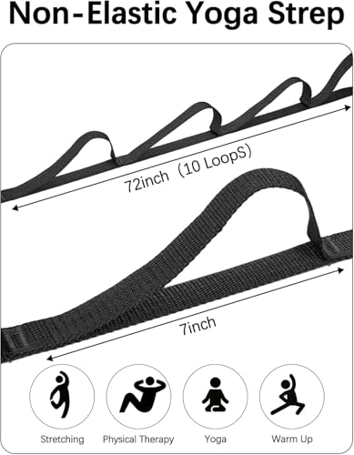 10 Loop Yoga Stretching Strap for Physical Therapy - Non-Elastic Exercise Band for Pilates, Yoga, Stretching for Women & Men - color: Black