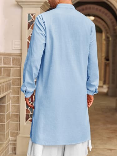 Runcati Mens Kaftan Thobe Button Down Henley Shirts Robe Long Sleeve Casual Cotton Linen Muslim Gown Shirt - color: Blue, size: Medium