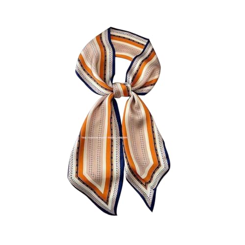 Silk Feeling Head Scarf Fashion Satin Hair Scarf Square Long Scarves for Women Gifts - color: 02 Orange & Blue Geometry /5.12 X 59 Inch