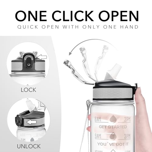 Hyeta Water Bottle with Straw & Time Marker, Plastic 32oz Leakproof | Motivational Tritan BPA Free Gym Office Outdoor Intake Tracker Hourly Reminder Straw Lid Carry Strap - color: transparent